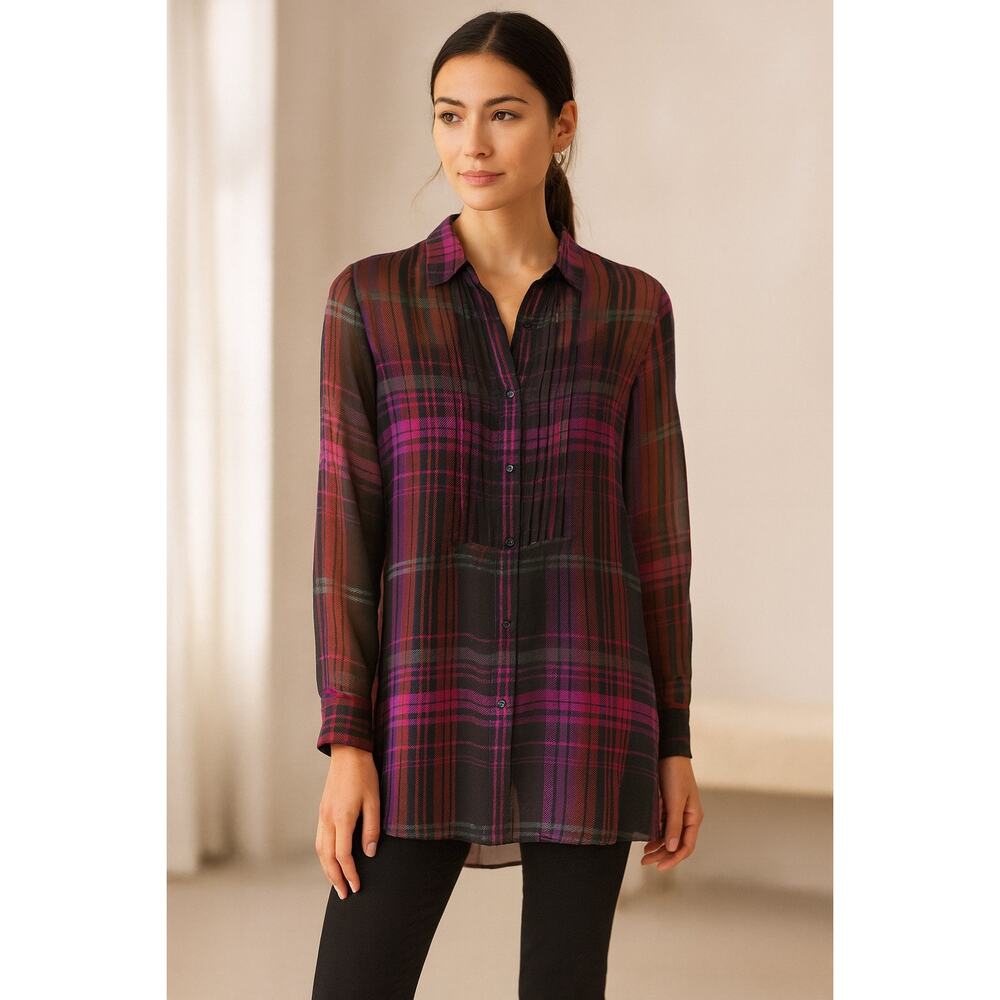 Lauren Ralph Lauren Sheer Plaid Tunic Blouse Long Sleeve Button Front P/M